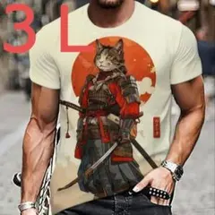 大きいサイズ 猫の武士イラスト Tシャツ クリーム色 3L
