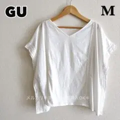 GU レース Tシャツ 白 Vネック 半袖 カットソー 綿 ブラウス トップス