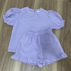 韓国子供服/Dsaint/チェック柄パフスリーブ上下セット/120センチ