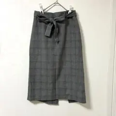 【GU】 グレーチェック　膝丈タイトスカート　リボン　XL、3-9