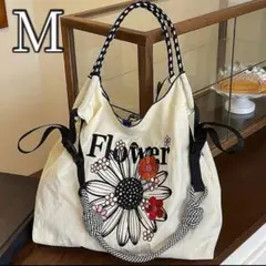 刺繍エコバッグ ナイロンバッグ ショルダーストラップ付き 花柄 M ホワイト