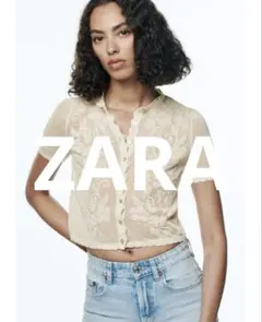 ZARA 花柄ポイントニットカーディガン　アイボリー