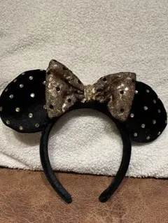 ミニーマウス風カチューシャ 黒と金のドット