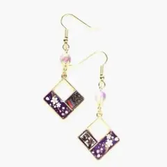 和風　紫　花札柄　スクエア　ピアス