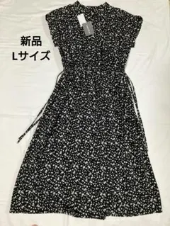 【新品】しまむら　花柄ワンピース　ブラック　Lサイズ