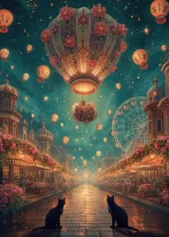 2481 幻想的な夜の街と黒猫と花気球の風景画アートポスターインテリア