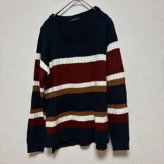 イング Vネック 長袖セーター ストライプ 総柄 黒 白 茶 M おしゃれ