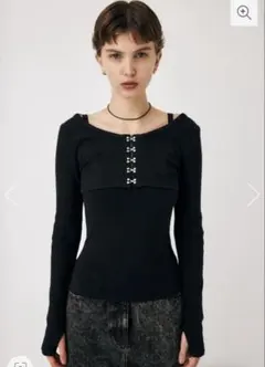 オフショルダーリブ編み長袖トップス ブラック