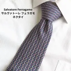 フェラガモ ネイビー 幾何学模様 ネクタイ シルク100%