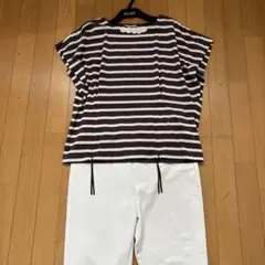 インゲボルグ ブラウンに白ボーダー　フレンチ袖　お花ニットパーツ使いカットソー