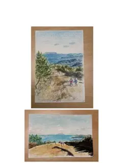 手描き水彩画とパステル画　裏表に描かれた1枚物