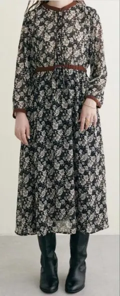 ナチュラルクチュール　オリエンタル柄大人配色ワンピース　ブラック