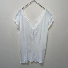 オゾック　Vネック　Tシャツ　レース付き　ボタン　白　透け感　Mのサムネイル