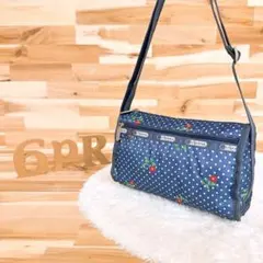 【レスポートサック】水玉 ドット柄 刺繍 花柄 ショルダーバッグ 紺×アイボリー