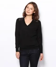 PLSTプラステ　バックレースVネックニット（2）黒　切り替え　透け感