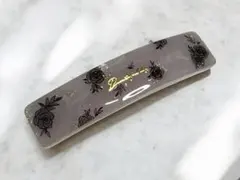 【バレッタ　 6㎝】　マーブルグレージュ　【黒薔薇柄】　（ゴールド土台）