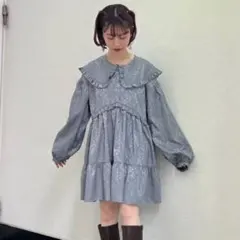 merry jenny ジャガードフリルカラーミニワンピース ブルー