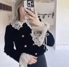 スカラップビジューアタッチドジャケット　リリーブラウン ブラック　S 即日発送