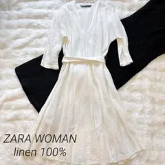 ZARA WOMAN リネン100% Vネック ロングドレス Aライン リボン