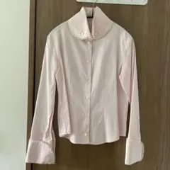 フリル付きストライプ長袖シャツ　日本製