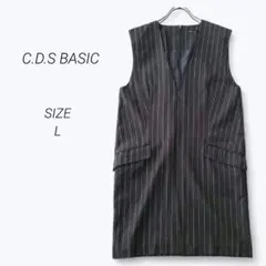 a1396▶ジャンパースカート　膝丈　グレー　ストライプ【L】綺麗め　カジュアル