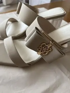 ベージュ リボン付き ミュール