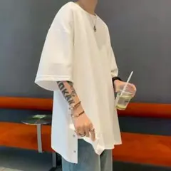 メンズTシャツ 白 ホワイト　オシャレ シンプル サイドボタン ライン