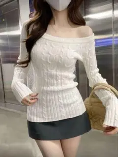 オフショルダー ケーブルニット トップス SHEIN