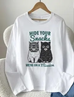 猫プリント コットン長袖トップス ホワイト L
