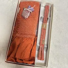 未使用 正絹 総しぼり帯揚げ 手組帯締めセット オレンジ 茶色系