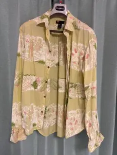 美品 DIESEL ライトグリーン花柄ストライプシャツ XL