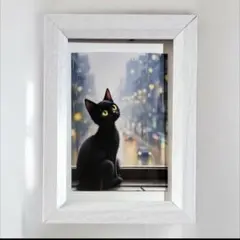 「都市の夜景を背景にした可愛い黒猫」 イラスト 写真 オリジナルデジタルアート