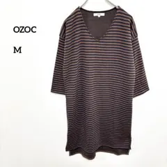 OZOC 茶色と黒ストライプ Vネック長袖ワンピースゆったり 膝丈M e203
