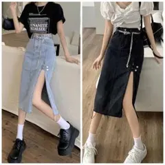 韓国　デニムスカート　ロングデニムスカート　スリット　春夏秋　セクシー　可愛い