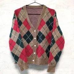 アーガイル柄 ニットカーディガン 長袖 フリーサイズ 厚目
