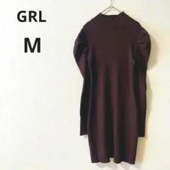 グレイル▶リブニットワンピース M 茶 パフスリーブ 膝丈 ハイネック 秋冬