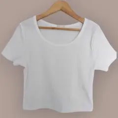 GU リブミニT 　白　クロップド　オフホワイト 半袖Tシャツ L
