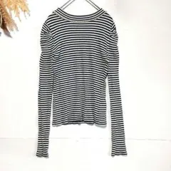 340【chico、チコ】F カットソー ボーダー ネイビー 白 パール風 袖長