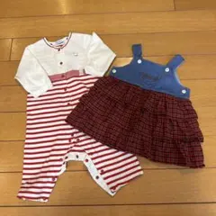 familiar ストライプロンパースとフリルチュニックセット 70