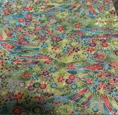 正絹　約36×156 緑黄緑カラフル寄せ小紋　小花　蝶々　派手鮮やか　長め