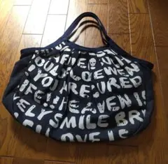 スカルプリント トートバッグ ネイビー　カジュアルデニム風トートバッグ