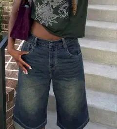 ダークデニム ハーフパンツ ウエストベルト付き