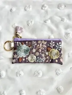 インド刺繍リボン　パープルポーチ　11cmファスナー使用　リップ入れ