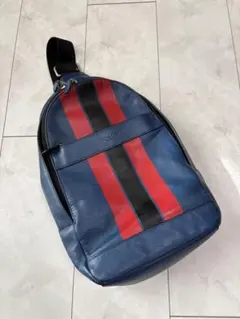 コーチ ボディバッグ 青 赤 黒 ストライプ