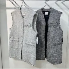 ツイード フリンジ ベスト グレー系
