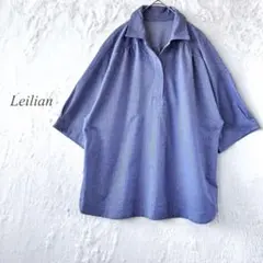 Leilian 半袖スキッパーシャツブラウス ストライプ 青白 1355