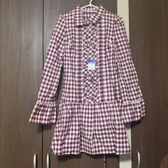 紫と白のチェック柄長袖ワンピース