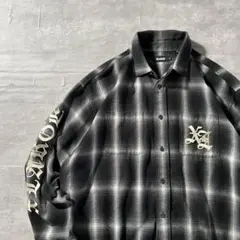 【オンブレチェック】X-LARGEスリーブ刺繍ロゴ古着ブラック長袖ストリート.