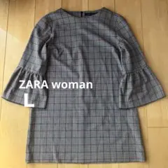 ZARA woman チェック　七分袖　ベルスリーブ　ミニワンピース　Ｌサイズのサムネイル