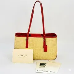 夏色✨希少⭐︎コーチ トートバッグ カゴ　ストロー×レザー A4収納可 極美品